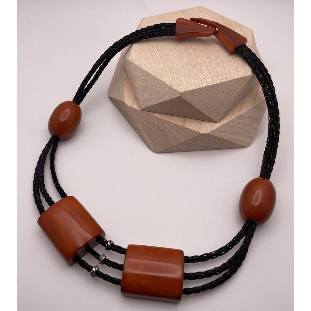 Unique Burnt Orange Natural Stone Black Braided Sterling Necklace Signed PM